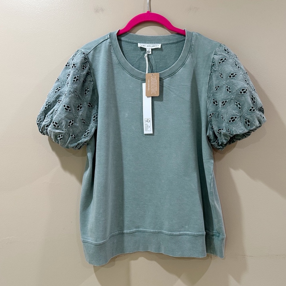 Jane And Delancey Green Wash Eyelet Lace Embroi Puff Sleeve Tee Top Women L NWT